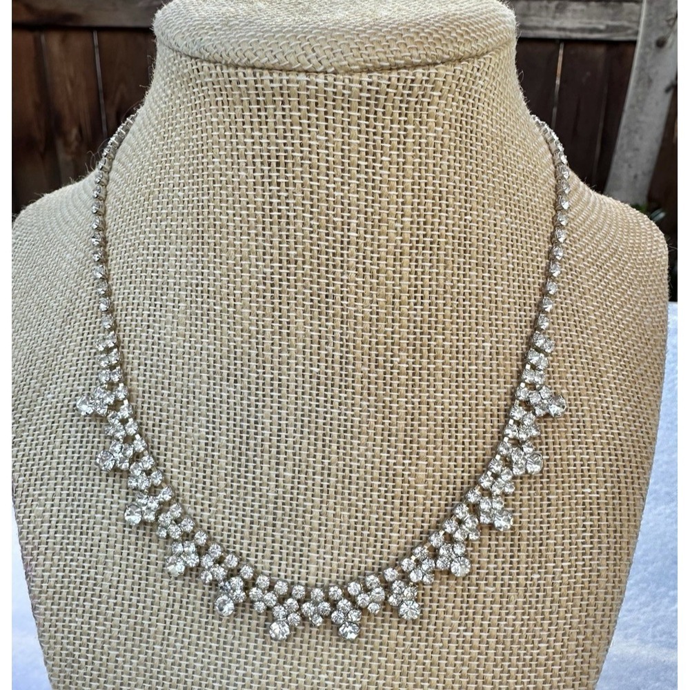Vintage Rhinestone Necklace Silver Tone Bridal Prom Statement 18"